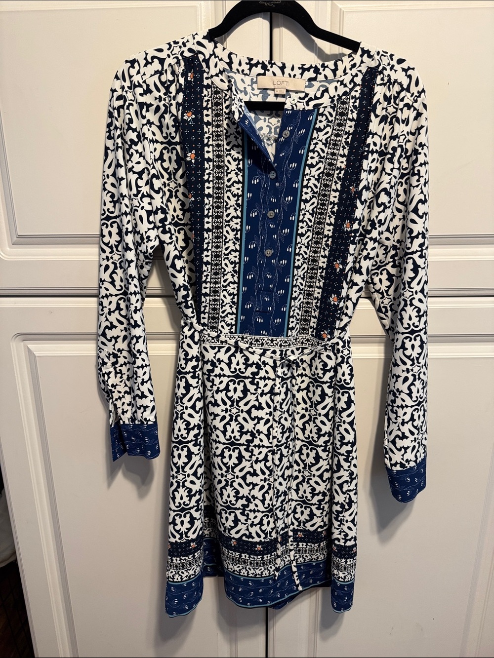 LOFT White and Navy Patterned Long-Sleeve Belted Dress